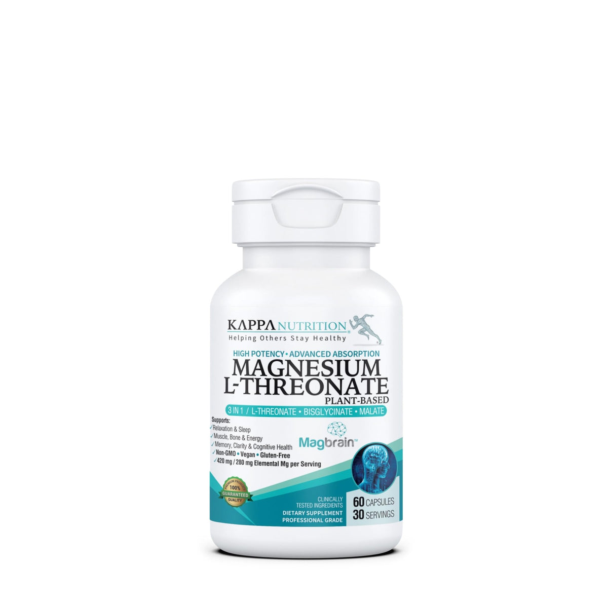 Kappa Nutrition Powered by Magbrain™ Magnesium L-Threonate Plant-Based, 60 Vegan Capsules, 420mg Elemental Magnesium (3 Capsules) from 2,253mg, Brain, Sleep & Muscle Support. - FENGGESTORE20