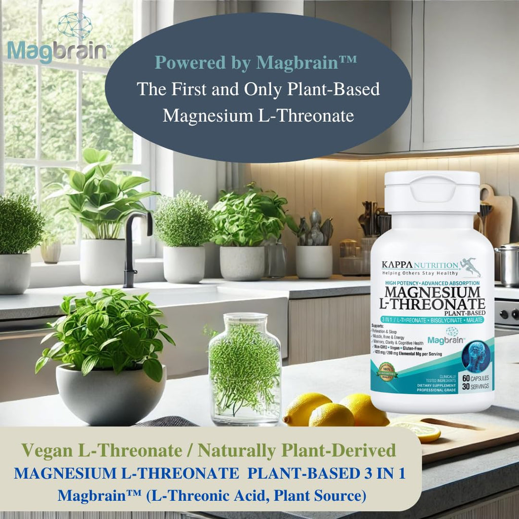 Kappa Nutrition Powered by Magbrain™ Magnesium L-Threonate Plant-Based, 60 Vegan Capsules, 420mg Elemental Magnesium (3 Capsules) from 2,253mg, Brain, Sleep & Muscle Support. - FENGGESTORE20