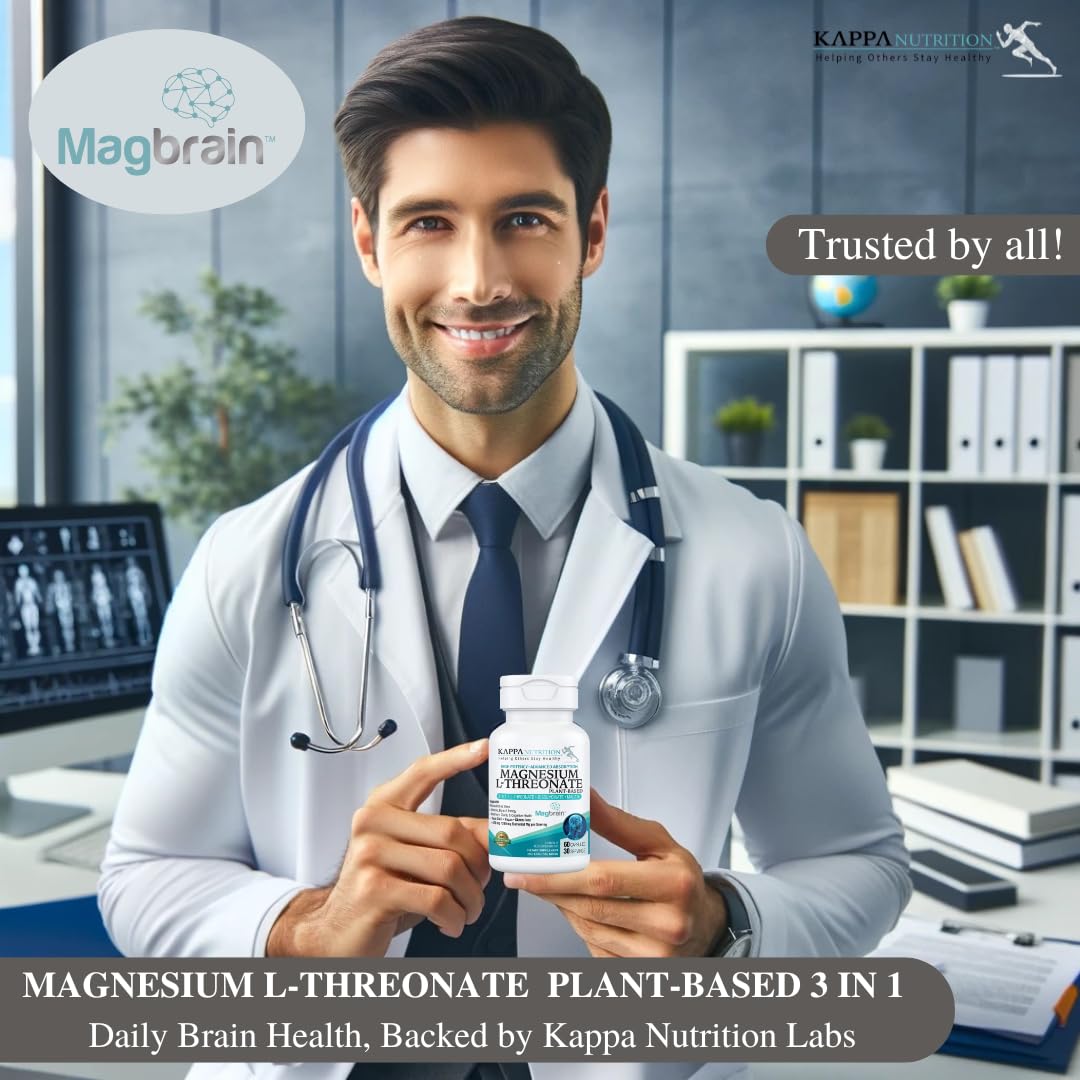 Kappa Nutrition Powered by Magbrain™ Magnesium L-Threonate Plant-Based, 60 Vegan Capsules, 420mg Elemental Magnesium (3 Capsules) from 2,253mg, Brain, Sleep & Muscle Support. - FENGGESTORE20