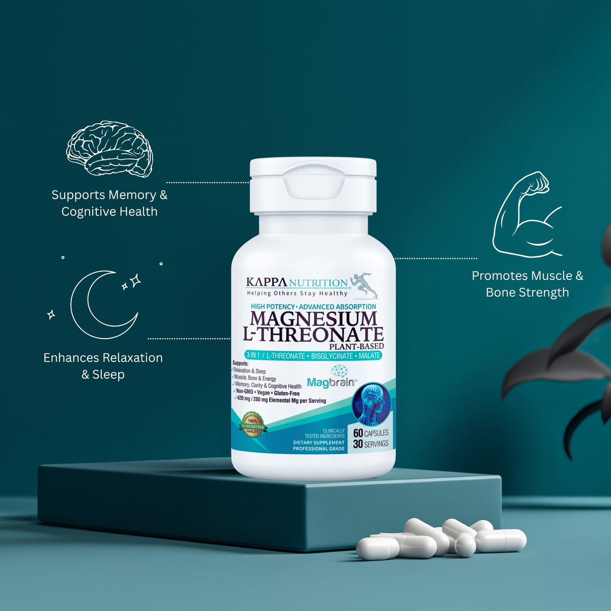 Kappa Nutrition Powered by Magbrain™ Magnesium L-Threonate Plant-Based, 60 Vegan Capsules, 420mg Elemental Magnesium (3 Capsules) from 2,253mg, Brain, Sleep & Muscle Support. - FENGGESTORE20
