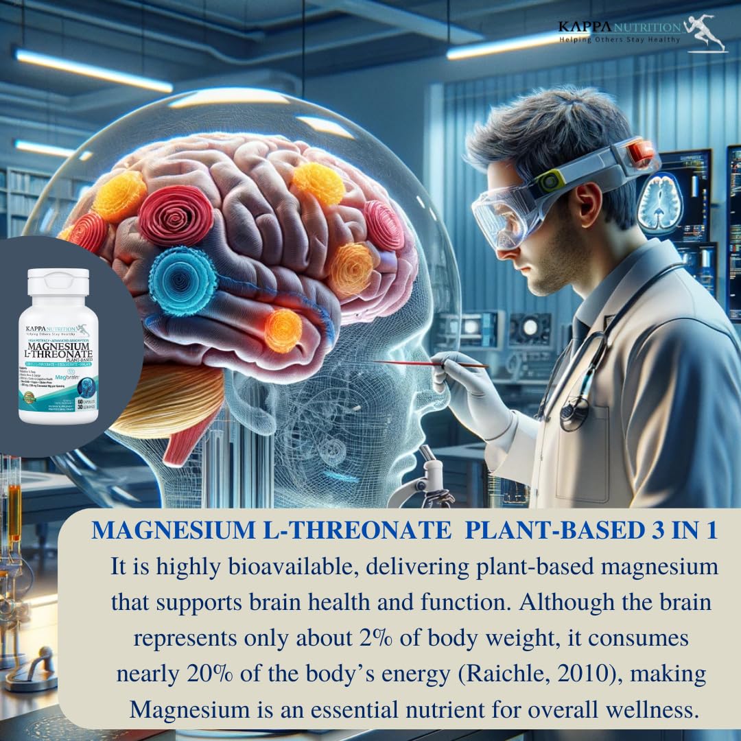 Kappa Nutrition Powered by Magbrain™ Magnesium L-Threonate Plant-Based, 60 Vegan Capsules, 420mg Elemental Magnesium (3 Capsules) from 2,253mg, Brain, Sleep & Muscle Support. - FENGGESTORE20