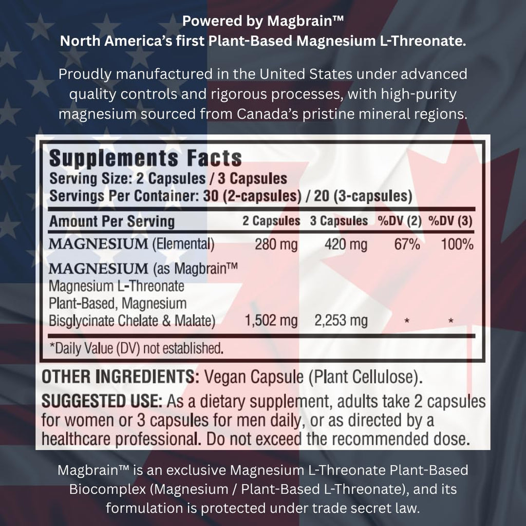 Kappa Nutrition Powered by Magbrain™ Magnesium L-Threonate Plant-Based, 60 Vegan Capsules, 420mg Elemental Magnesium (3 Capsules) from 2,253mg, Brain, Sleep & Muscle Support. - FENGGESTORE20