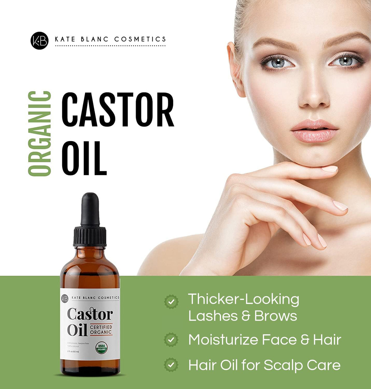 Kate Blanc Cosmetics Castor Oil Organic for Hair, Lashes, Face, Skin (2oz), 100% Pure, Cold Pressed, Hexane Free Hair Oil. - FENGGESTORE20