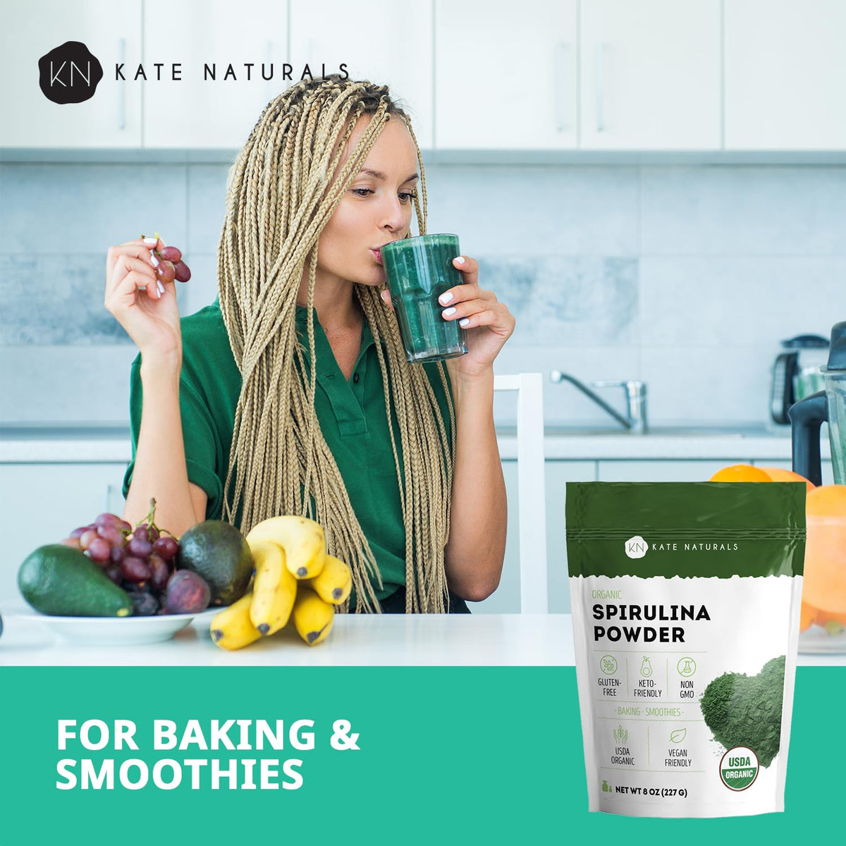 Kate Naturals Organic Spirulina Powder for Immune Support and Antioxidants. Nutrient Dense Superfood Supplement - FENGGESTORE20