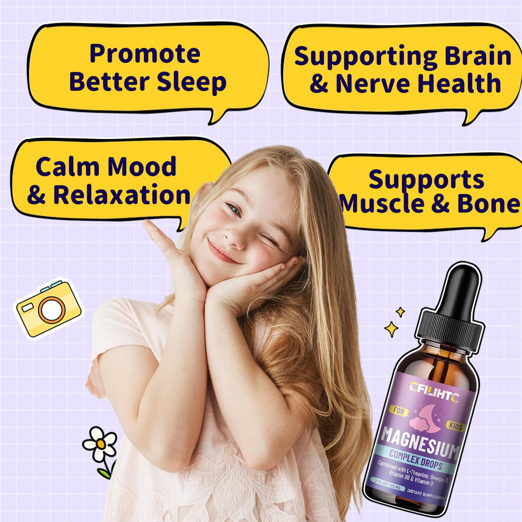 Kids Magnesium Liquid Drops-Magnesium Glycinate Liquid for Kids Supplement-w/L-theanine, Omega-3, Vitamin B6, D3 - for Sleep, Relaxation, Brain, Bones - FENGGESTORE20
