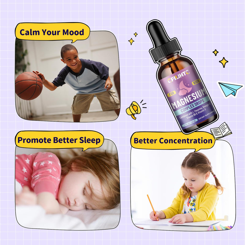 Kids Magnesium Liquid Drops-Magnesium Glycinate Liquid for Kids Supplement-w/L-theanine, Omega-3, Vitamin B6, D3 - for Sleep, Relaxation, Brain, Bones - FENGGESTORE20