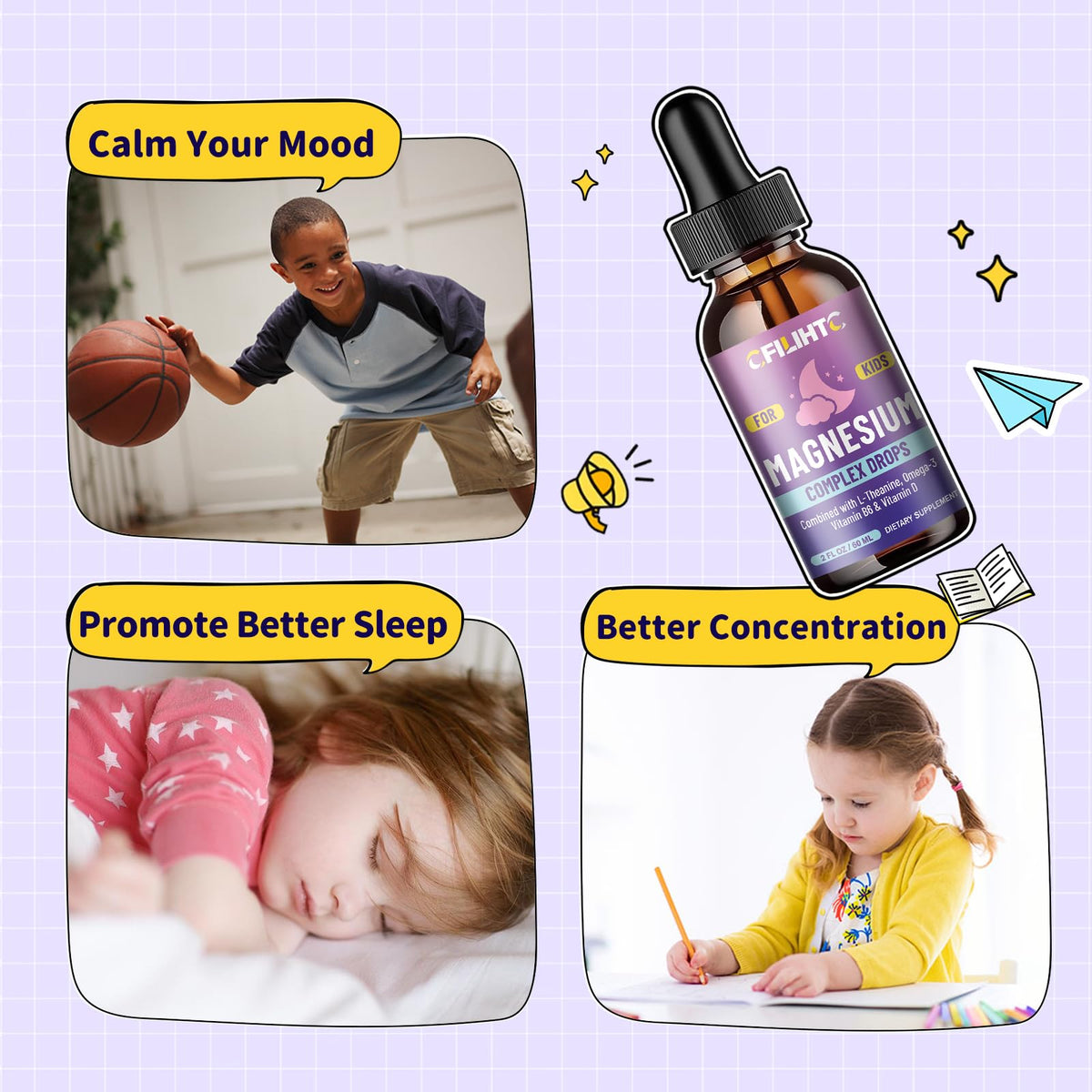 Kids Magnesium Liquid Drops-Magnesium Glycinate Liquid for Kids Supplement-w/L-theanine, Omega-3, Vitamin B6, D3 - for Sleep, Relaxation, Brain, Bones - FENGGESTORE20