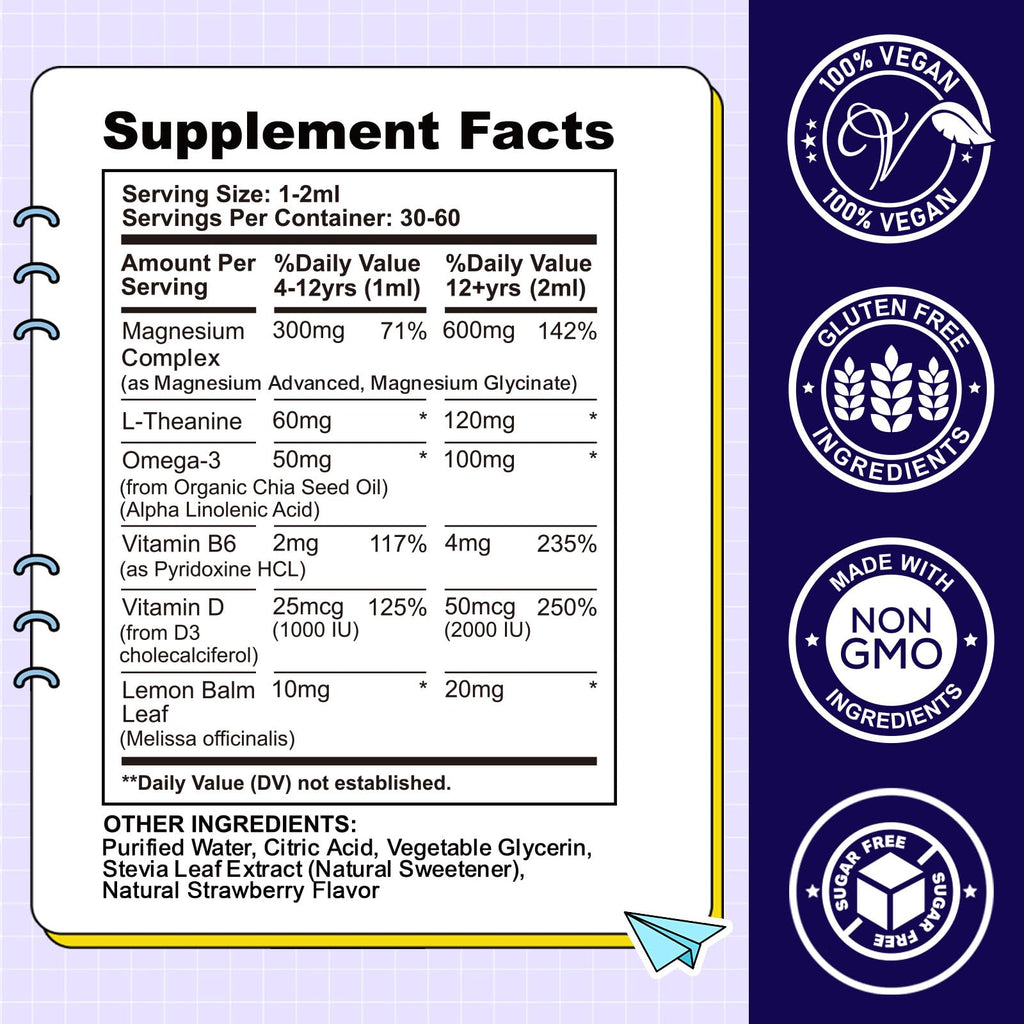 Kids Magnesium Liquid Drops-Magnesium Glycinate Liquid for Kids Supplement-w/L-theanine, Omega-3, Vitamin B6, D3 - for Sleep, Relaxation, Brain, Bones - FENGGESTORE20