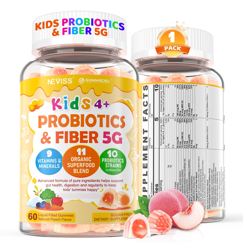 Kids Probiotic + Prebiotic Fiber Gummies 5G, 12 Billion CFU Probiotic & Veggie Fruit Fiber, w/ Organic Inulin, Methyl B12 B6 D3 C, Lutein for Children's Digestive & Gut, - FENGGESTORE20
