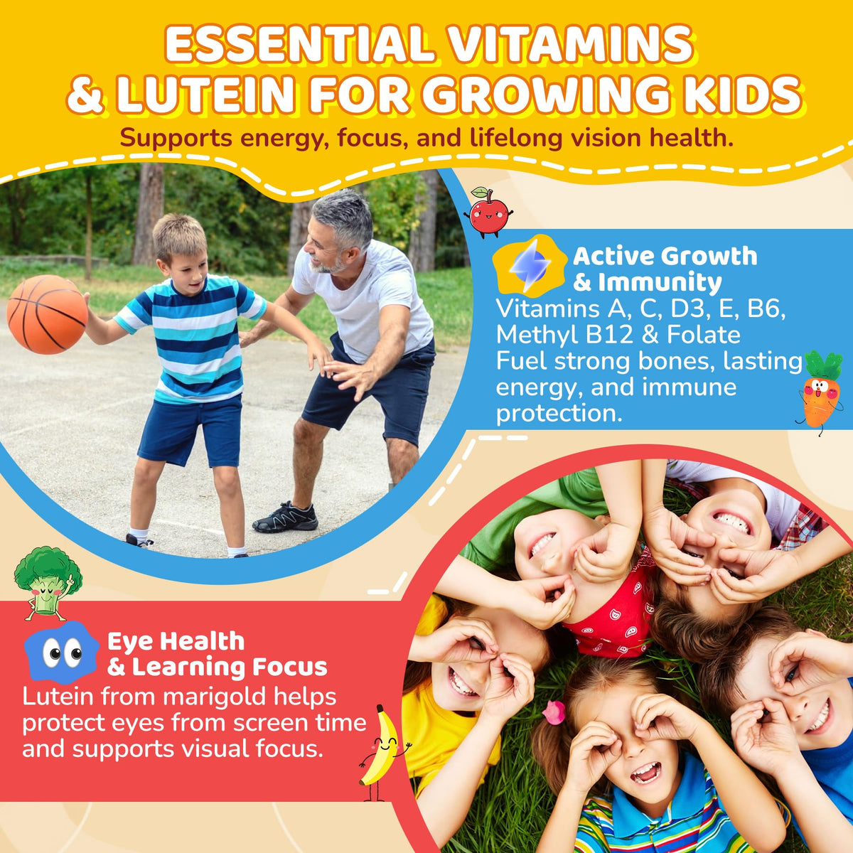 Kids Probiotic + Prebiotic Fiber Gummies 5G, 12 Billion CFU Probiotic & Veggie Fruit Fiber, w/ Organic Inulin, Methyl B12 B6 D3 C, Lutein for Children's Digestive & Gut, - FENGGESTORE20