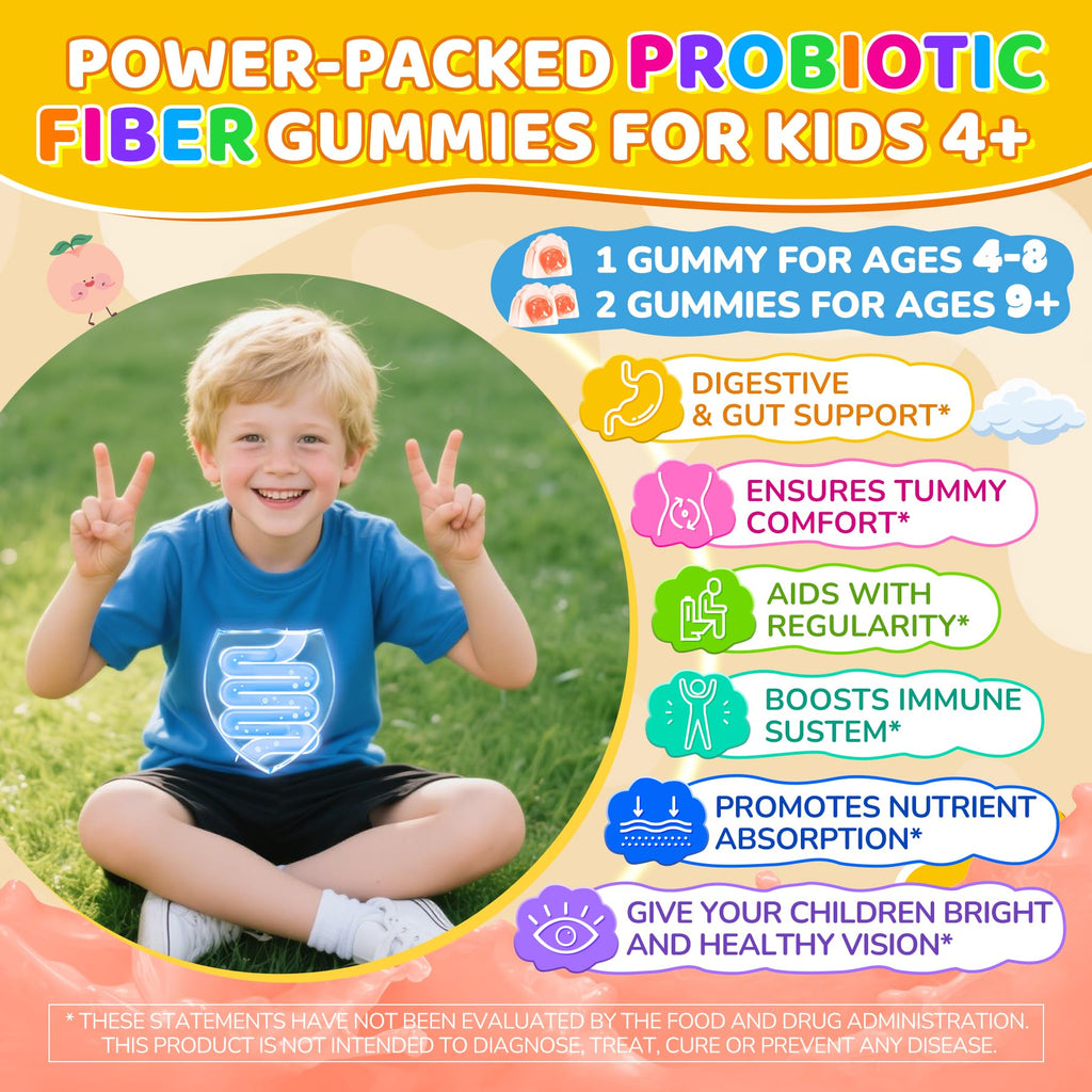 Kids Probiotic + Prebiotic Fiber Gummies 5G, 12 Billion CFU Probiotic & Veggie Fruit Fiber, w/ Organic Inulin, Methyl B12 B6 D3 C, Lutein for Children's Digestive & Gut, - FENGGESTORE20
