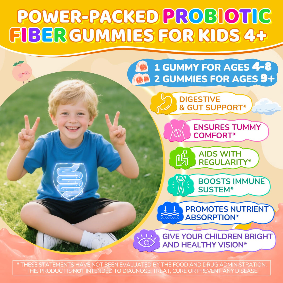 Kids Probiotic + Prebiotic Fiber Gummies 5G, 12 Billion CFU Probiotic & Veggie Fruit Fiber, w/ Organic Inulin, Methyl B12 B6 D3 C, Lutein for Children's Digestive & Gut, - FENGGESTORE20