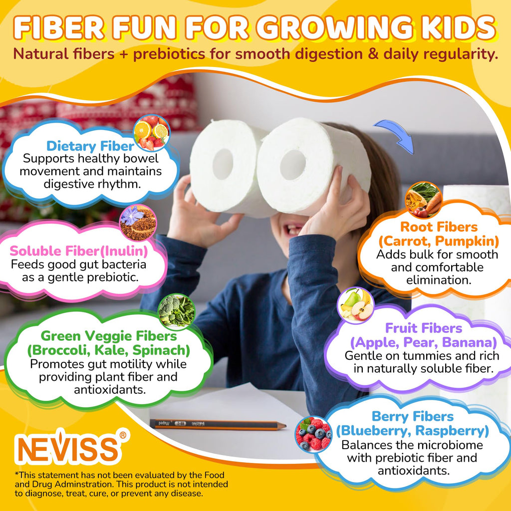 Kids Probiotic + Prebiotic Fiber Gummies 5G, 12 Billion CFU Probiotic & Veggie Fruit Fiber, w/ Organic Inulin, Methyl B12 B6 D3 C, Lutein for Children's Digestive & Gut, - FENGGESTORE20