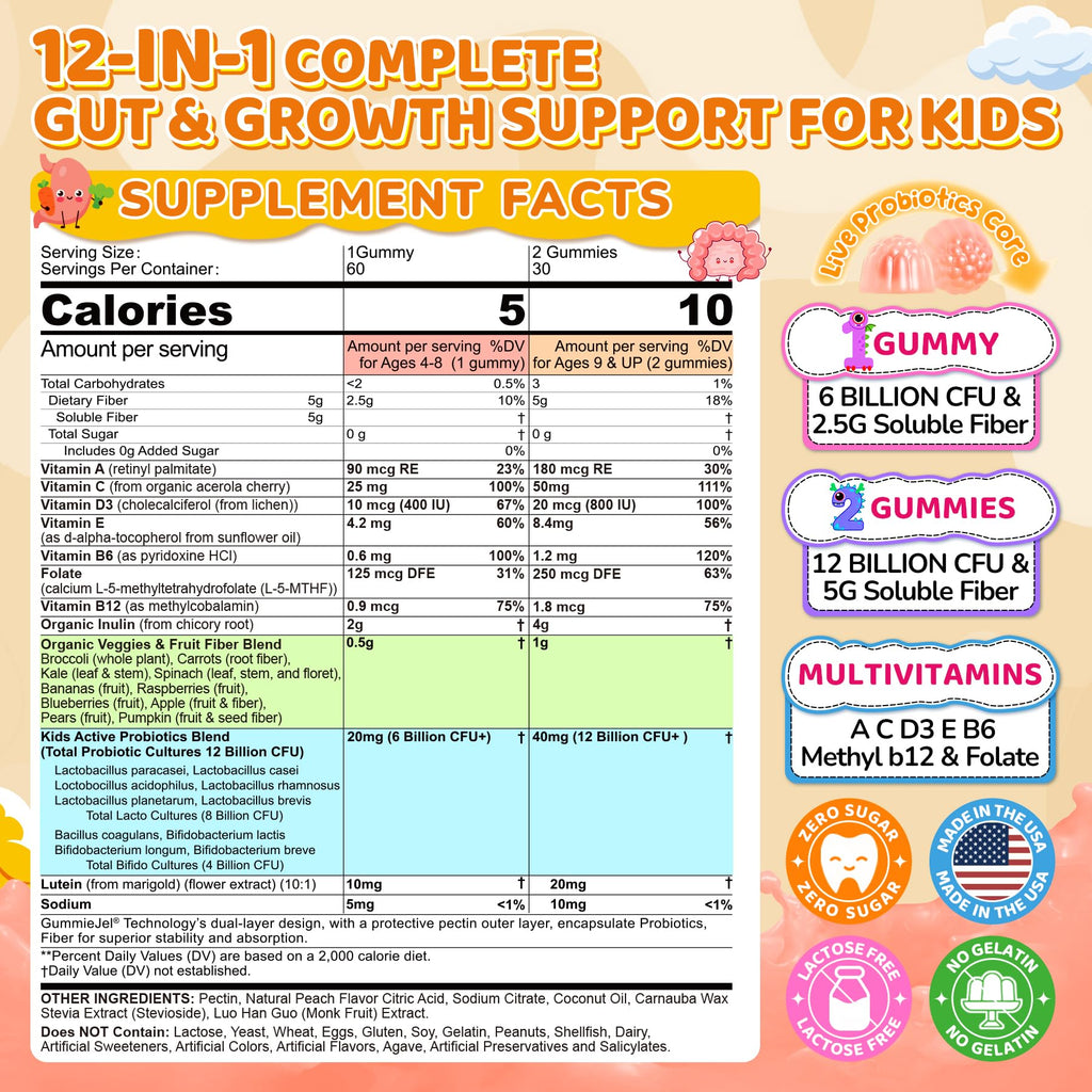 Kids Probiotic + Prebiotic Fiber Gummies 5G, 12 Billion CFU Probiotic & Veggie Fruit Fiber, w/ Organic Inulin, Methyl B12 B6 D3 C, Lutein for Children's Digestive & Gut, - FENGGESTORE20