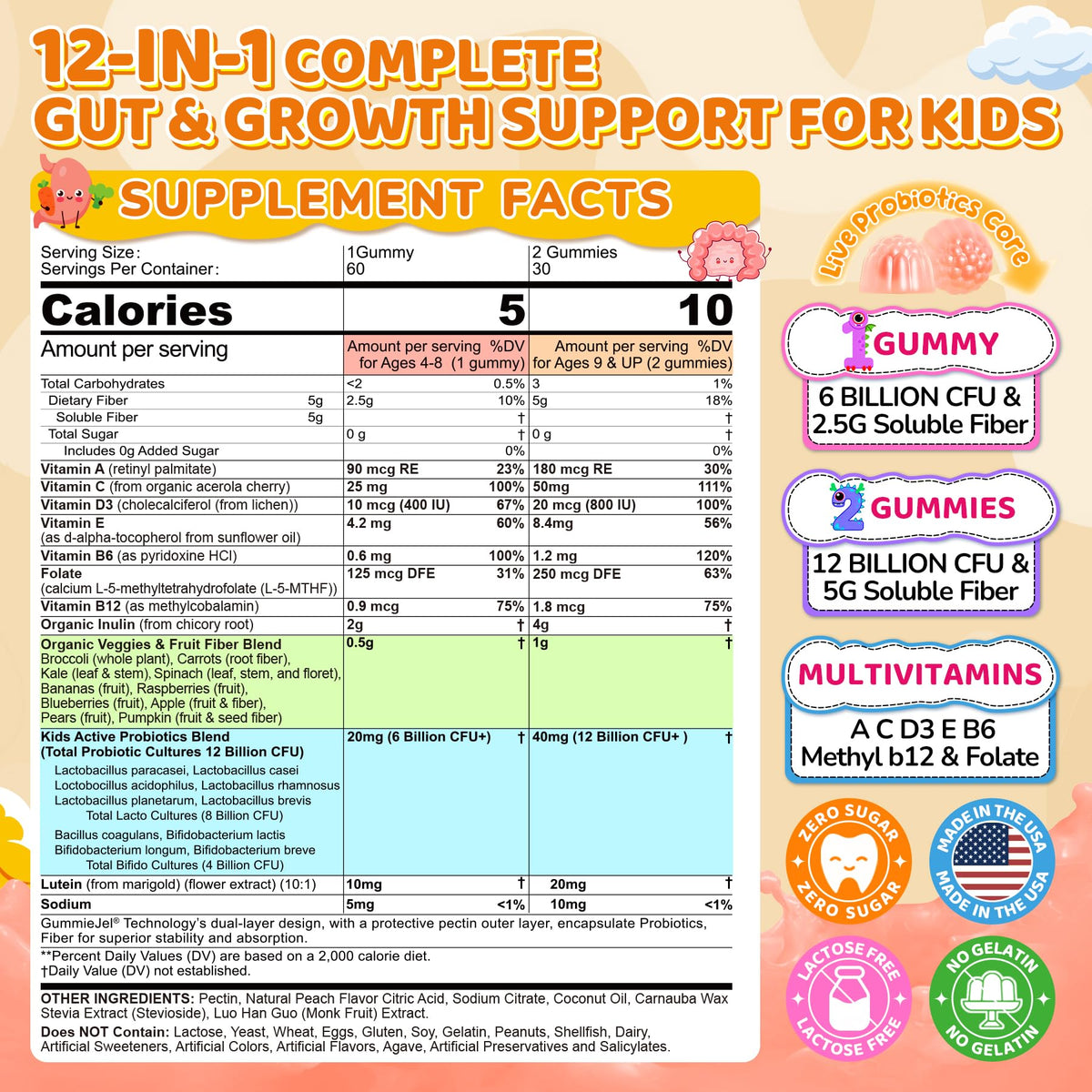 Kids Probiotic + Prebiotic Fiber Gummies 5G, 12 Billion CFU Probiotic & Veggie Fruit Fiber, w/ Organic Inulin, Methyl B12 B6 D3 C, Lutein for Children's Digestive & Gut, - FENGGESTORE20