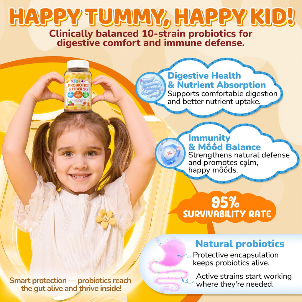 Kids Probiotic + Prebiotic Fiber Gummies 5G, 12 Billion CFU Probiotic & Veggie Fruit Fiber, w/ Organic Inulin, Methyl B12 B6 D3 C, Lutein for Children's Digestive & Gut, - FENGGESTORE20