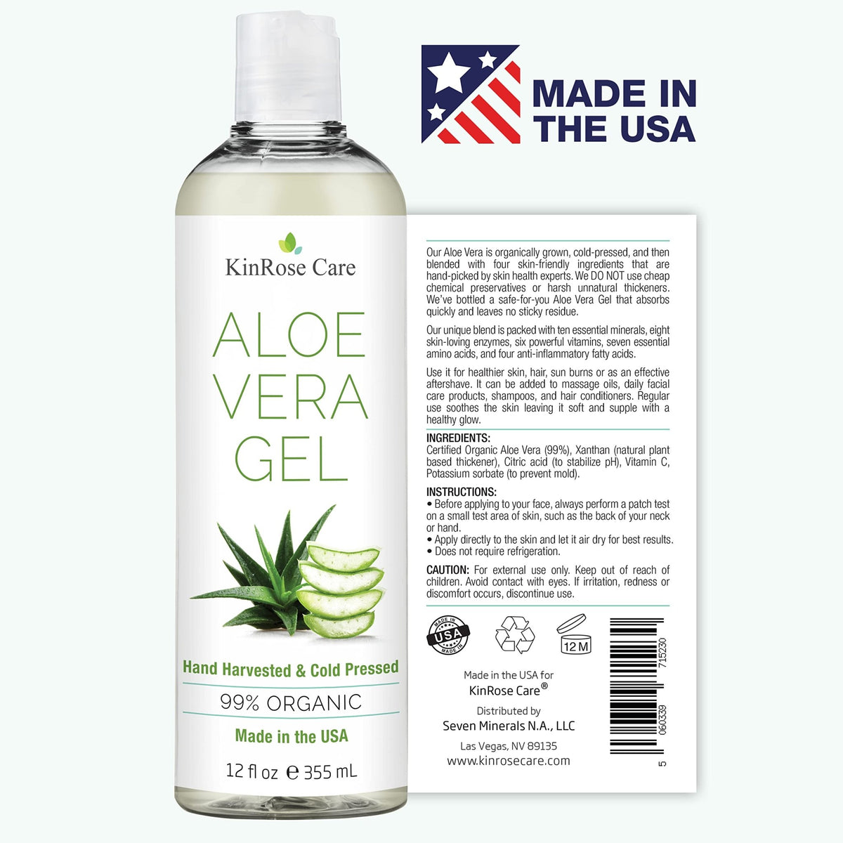 KinRose Care, 12oz Organic Aloe Vera Gel for Face, Skin, Hair & Sunburn Relief - From 100 Percent Pure Aloe Vera - FENGGESTORE20