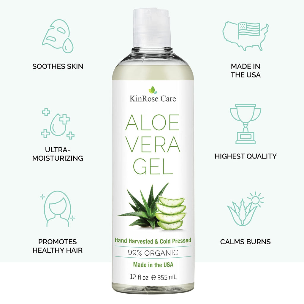 KinRose Care, 12oz Organic Aloe Vera Gel for Face, Skin, Hair & Sunburn Relief - From 100 Percent Pure Aloe Vera - FENGGESTORE20