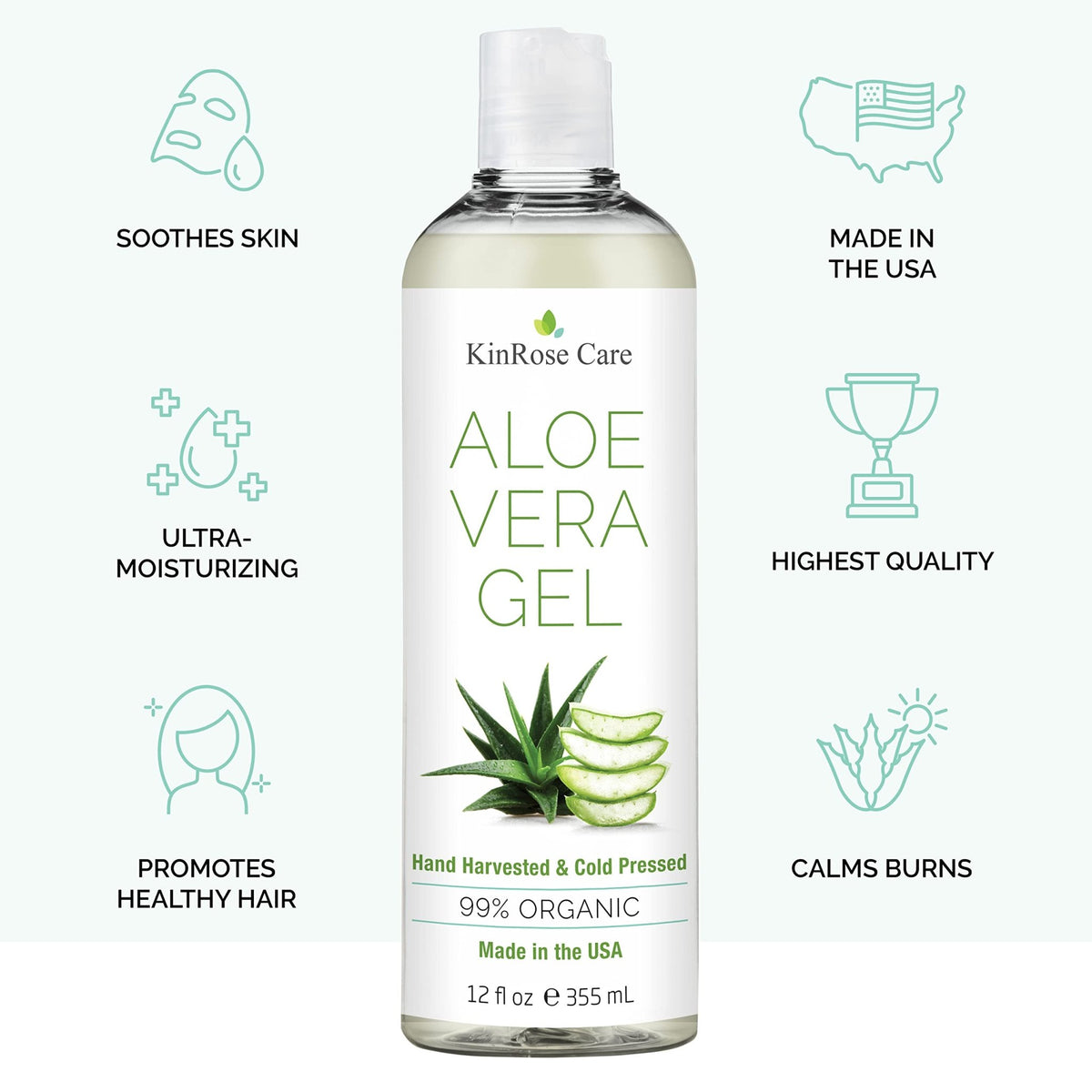 KinRose Care, 12oz Organic Aloe Vera Gel for Face, Skin, Hair & Sunburn Relief - From 100 Percent Pure Aloe Vera - FENGGESTORE20
