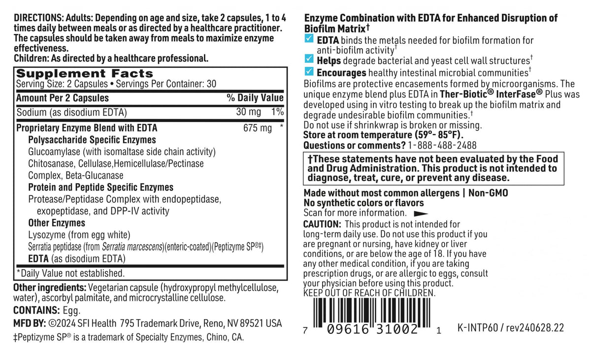 Klaire Labs SFI Health Interfase Plus - Enzyme Combination to Disrupt Biofilm Matrix + EDTA - Gastrointestinal System, Gut Flora - FENGGESTORE20