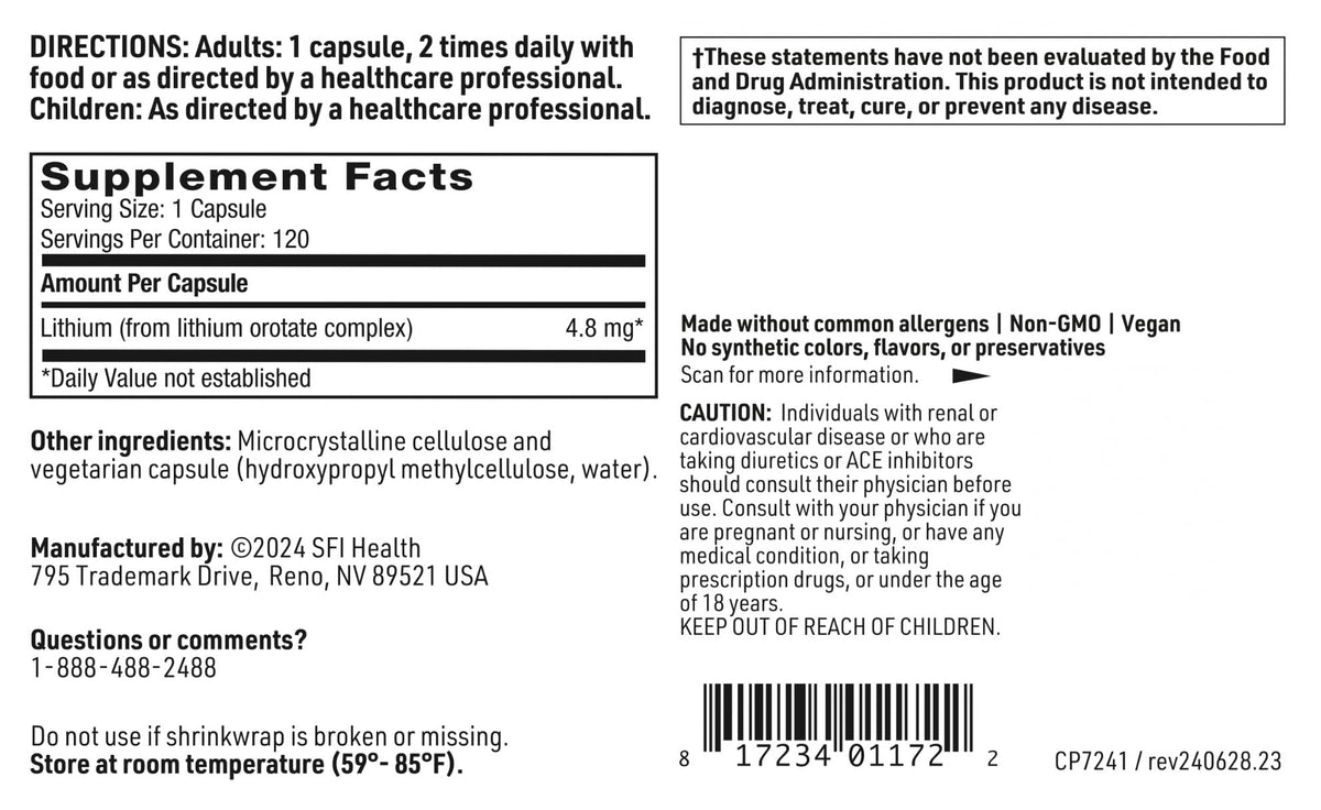 Klaire Labs SFI Health Lithium Orotate 4.8 mg - May Help Balance Mood - Bioavailable Lithium Orotate Supplement - Trace Minerals Promote Focus, Memory, Cognitive & Mood Support (120 Capsules) - FENGGESTORE20