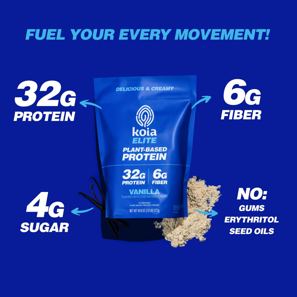 Koia Plant Based Protein Elite Powder, Vanilla, 32g Protein, 4g Sugar, 6g Prebiotic Fiber, Pre & Post Workout, 21 Vitamins & Minerals, Dairy-Free, Gluten-Free, Non-GMO, 24 Servings, 44.8 Oz - FENGGESTORE20