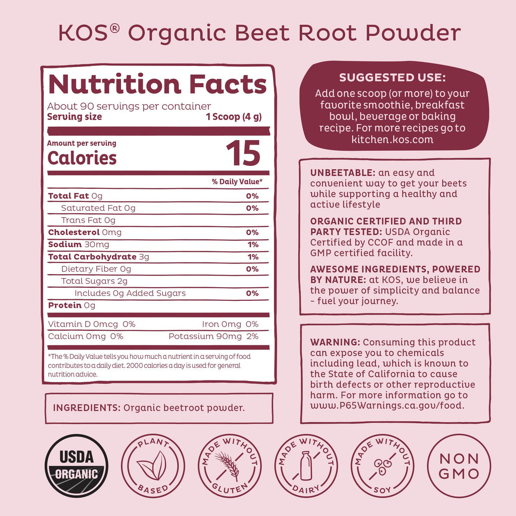 KOS Organic Beet Root Powder, USDA Organic - Natural Nitric Oxide Booster, Superfood Plant Based Beetroot Antioxidant, Supports Active Lifestyle & Healthy Circulation, Soy & Gluten-Free - 90 Servings - FENGGESTORE20