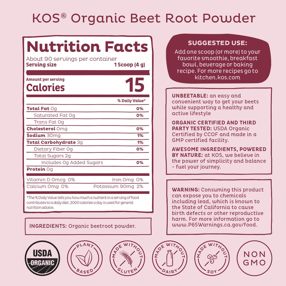 KOS Organic Beet Root Powder, USDA Organic - Natural Nitric Oxide Booster, Superfood Plant Based Beetroot Antioxidant, Supports Active Lifestyle & Healthy Circulation, Soy & Gluten-Free - 90 Servings - FENGGESTORE20