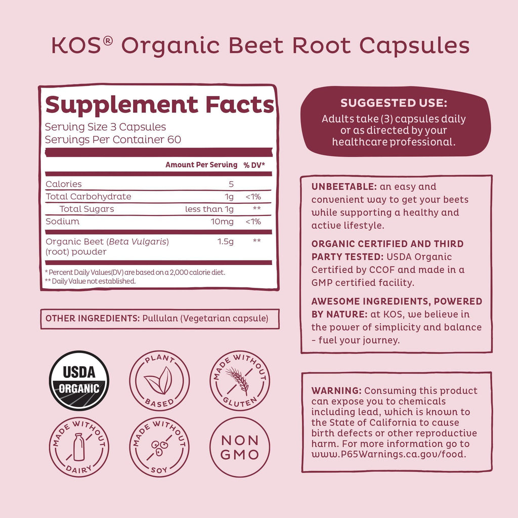 KOS Organic Beetroot Capsules 1500mg - USDA Organic, Antioxidant Power from Organic Beet Root Superfood, Supports Healthy & Active Lifestyle - Non-GMO, - FENGGESTORE20