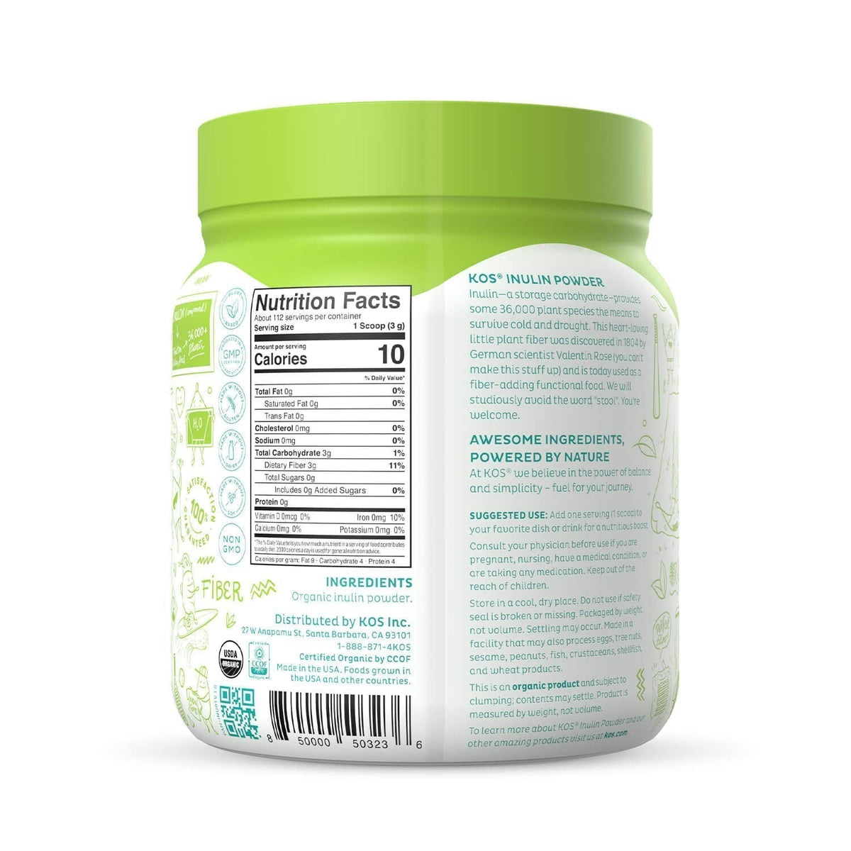 KOS Organic Inulin Powder, Unflavored & Unsweetened Superfood - Vegan Inulin for Prebiotic Intestinal Support, Digestive Health Promoting - USDA Certified, Non-GMO, Soy & Gluten-Free, 112 Servings Bag - FENGGESTORE20