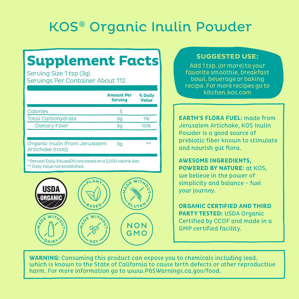 KOS Organic Inulin Powder, Unflavored & Unsweetened Superfood - Vegan Inulin for Prebiotic Intestinal Support, Digestive Health Promoting - USDA Certified, Non-GMO, Soy & Gluten-Free, 112 Servings Bag - FENGGESTORE20