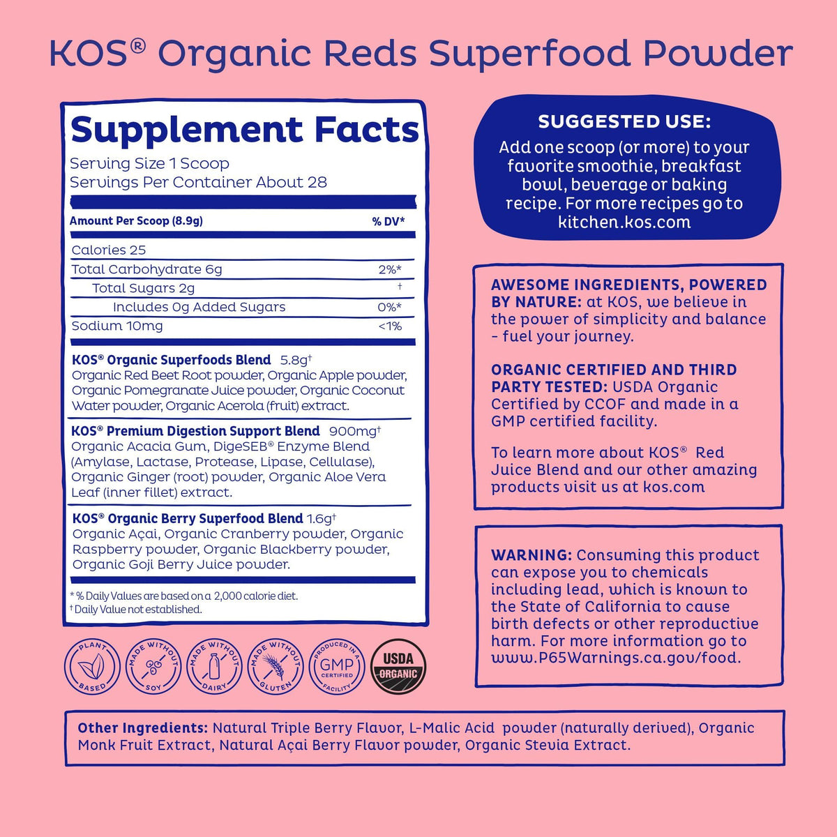 KOS Reds Superfood Powder for Antioxidants - USDA Certified Organic Beet Root, Goji Berries, Acai, Pomegranate, Coconut Water & Digestion Enzymes- Goji Berry Popsicle Flavor Juice Mix - 28 Servings - FENGGESTORE20
