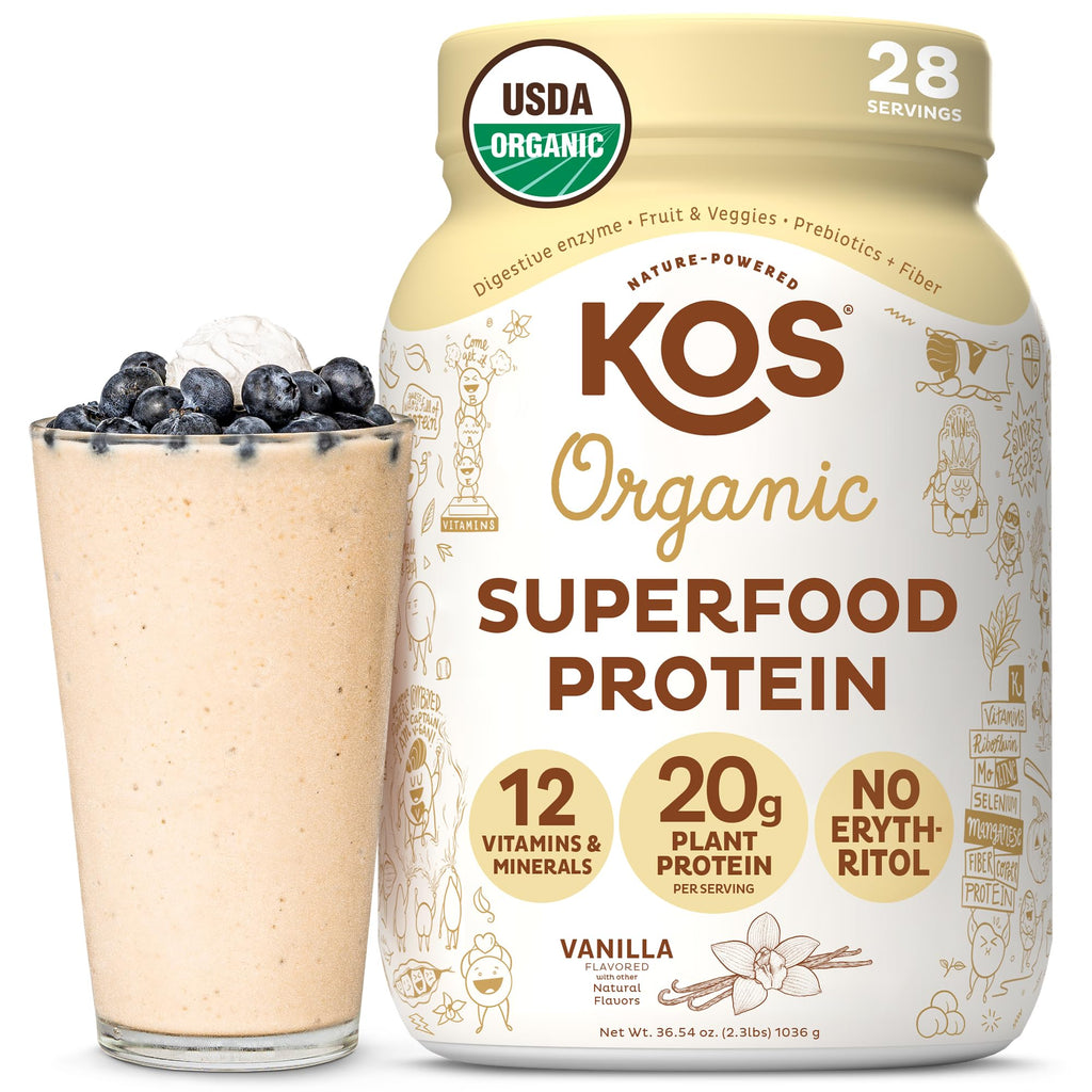 KOS Vegan Protein Powder Erythritol Free, Vanilla USDA Organic - Pea Protein Blend, Plant Based Superfood Rich in Vitamins & Minerals - Keto, Dairy Free - Meal Replacement for Women & Men, 28 Servings - FENGGESTORE20