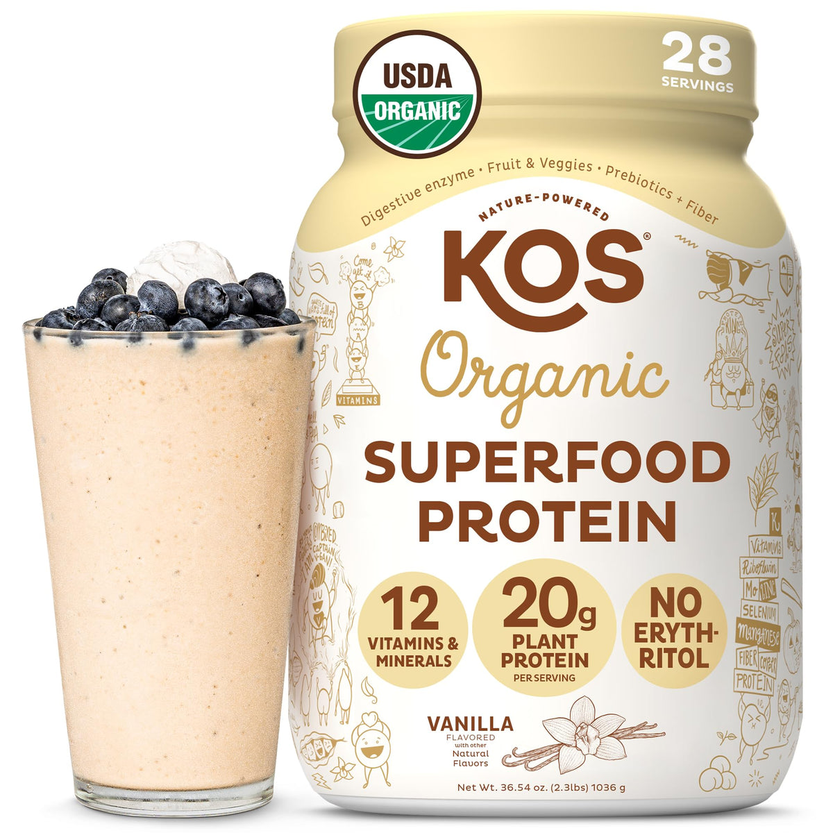 KOS Vegan Protein Powder Erythritol Free, Vanilla USDA Organic - Pea Protein Blend, Plant Based Superfood Rich in Vitamins & Minerals - Keto, Dairy Free - Meal Replacement for Women & Men, 28 Servings - FENGGESTORE20
