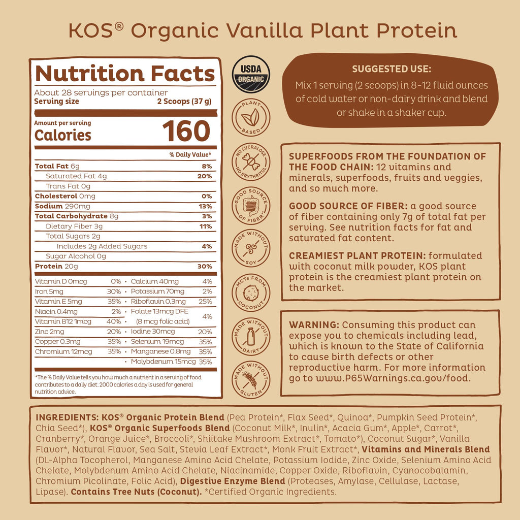 KOS Vegan Protein Powder Erythritol Free, Vanilla USDA Organic - Pea Protein Blend, Plant Based Superfood Rich in Vitamins & Minerals - Keto, Dairy Free - Meal Replacement for Women & Men, 28 Servings - FENGGESTORE20