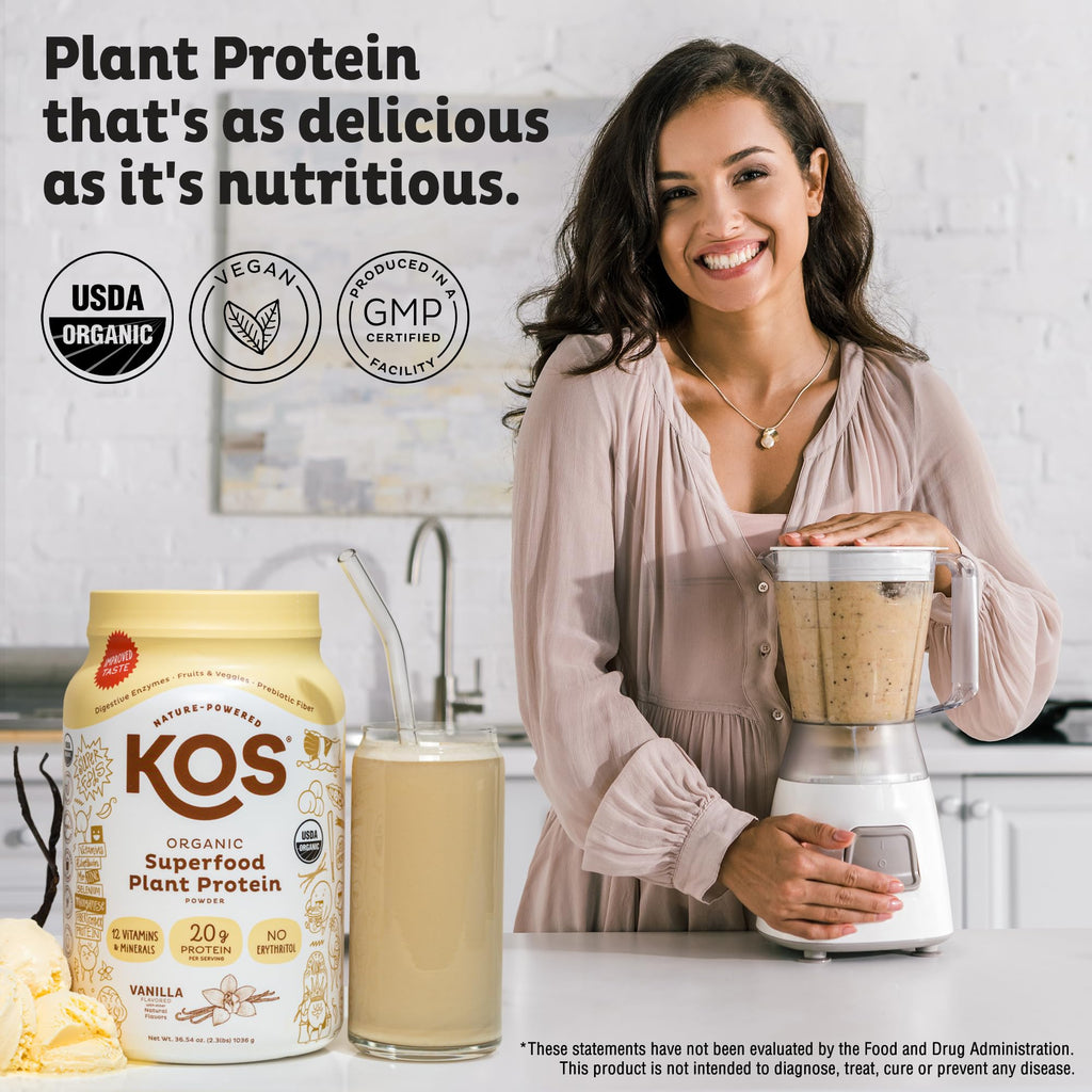 KOS Vegan Protein Powder Erythritol Free, Vanilla USDA Organic - Pea Protein Blend, Plant Based Superfood Rich in Vitamins & Minerals - Keto, Dairy Free - Meal Replacement for Women & Men, 28 Servings - FENGGESTORE20