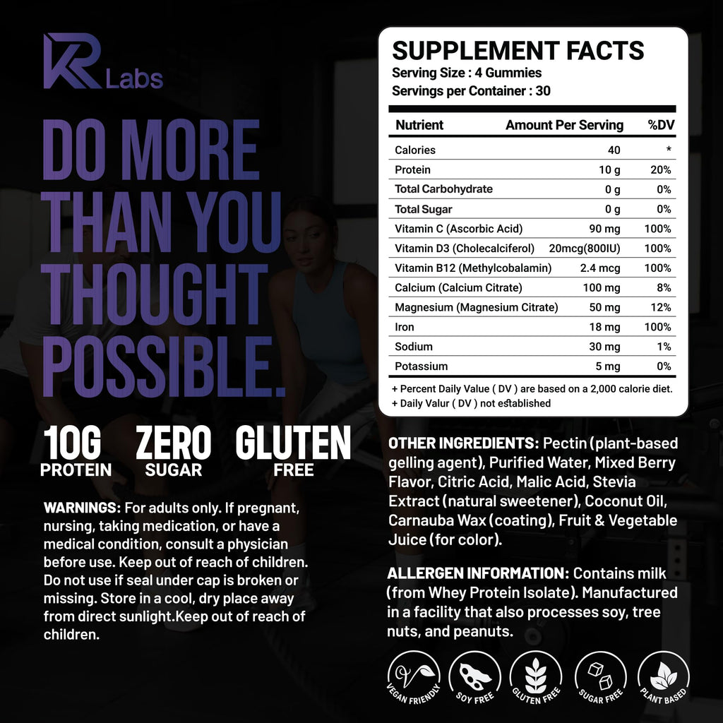 KR Labs Zero Carb 100% Pure Whey Isolate Protein Gummies | 300g Total Protein per Bag | 10g per Serving Plant Based with Vitamins for Men & Women - FENGGESTORE20