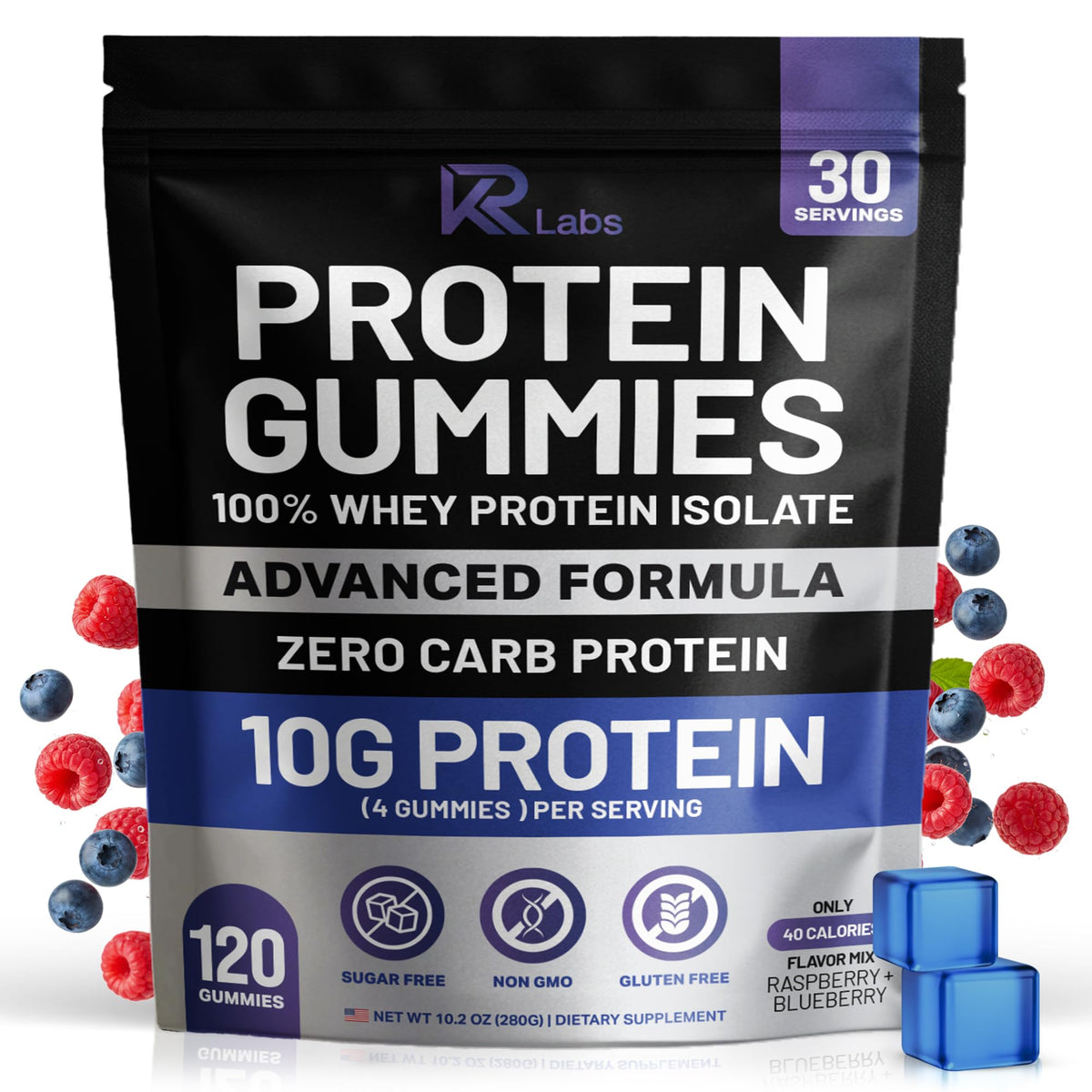 KR Labs Zero Carb 100% Pure Whey Isolate Protein Gummies | 300g Total Protein per Bag | 10g per Serving Plant Based with Vitamins for Men & Women - FENGGESTORE20