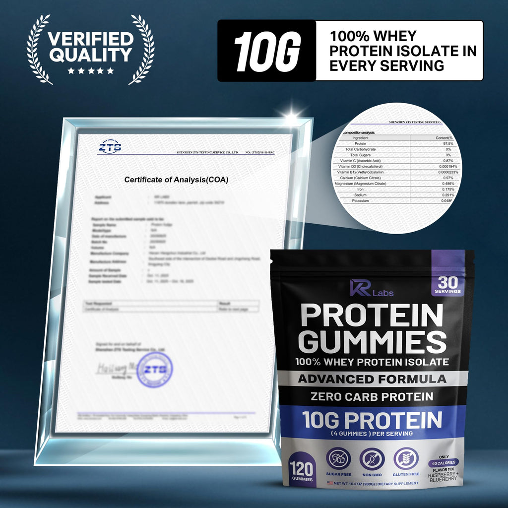 KR Labs Zero Carb 100% Pure Whey Isolate Protein Gummies | 300g Total Protein per Bag | 10g per Serving Plant Based with Vitamins for Men & Women - FENGGESTORE20