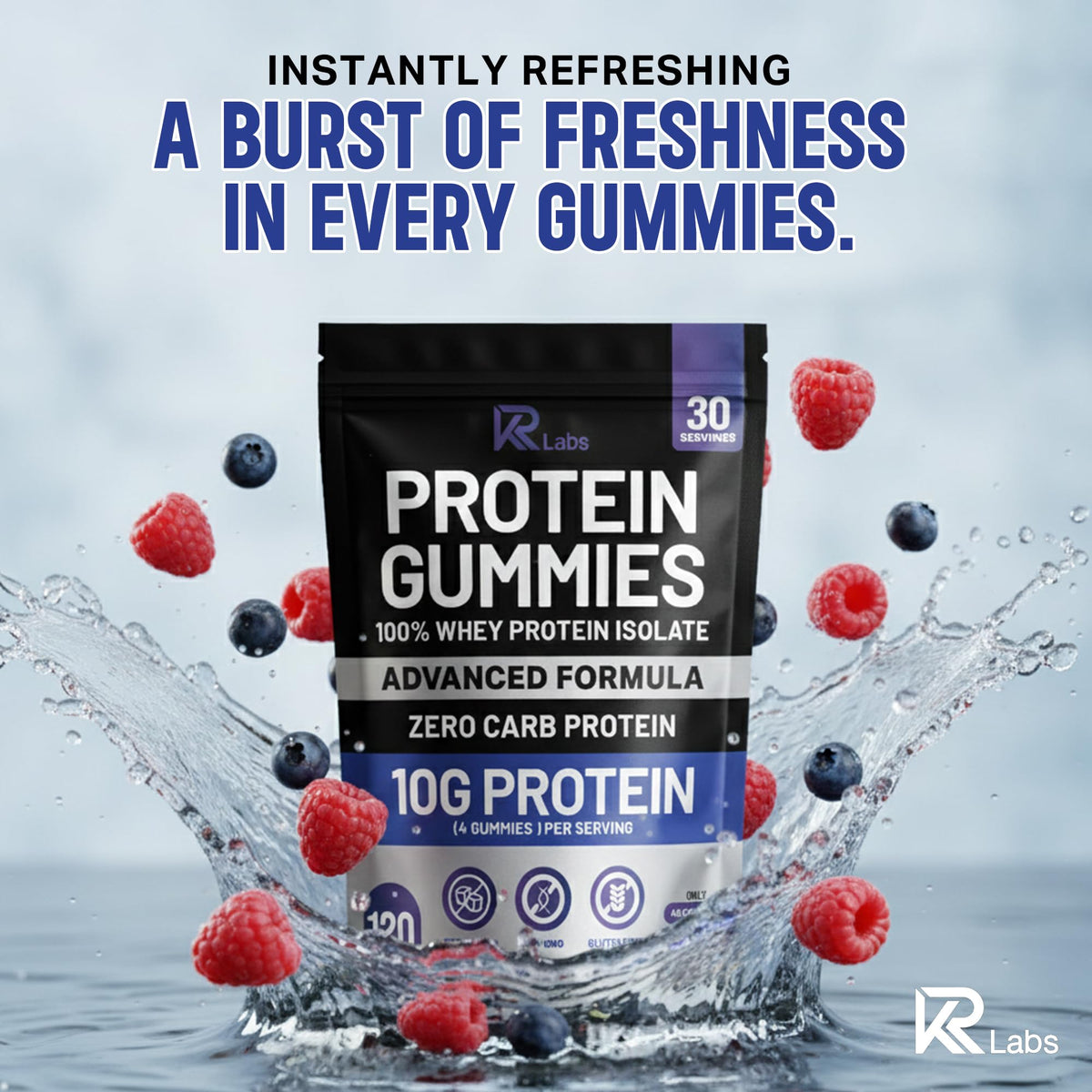 KR Labs Zero Carb 100% Pure Whey Isolate Protein Gummies | 300g Total Protein per Bag | 10g per Serving Plant Based with Vitamins for Men & Women - FENGGESTORE20