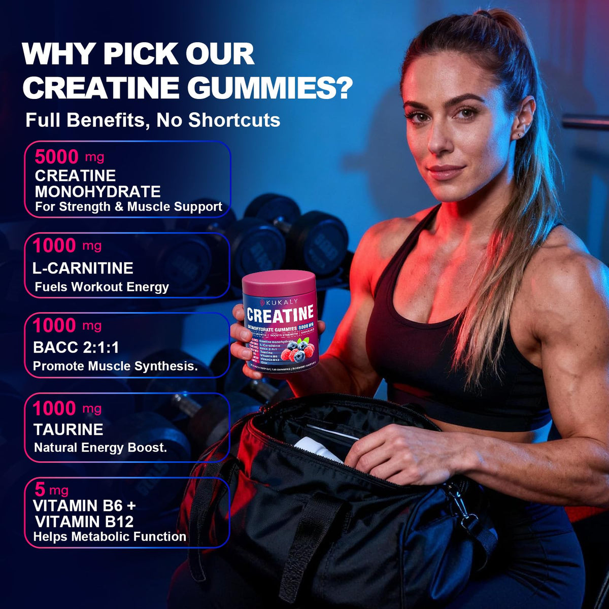 KUKALY Creatine Monohydrate Gummies for Men & Women, 8500MG Creatine Gummies Sugar Free Mixed Flavored with L-Taurine, BCAA 2:1, B12 B6 for Boost Strength - FENGGESTORE20