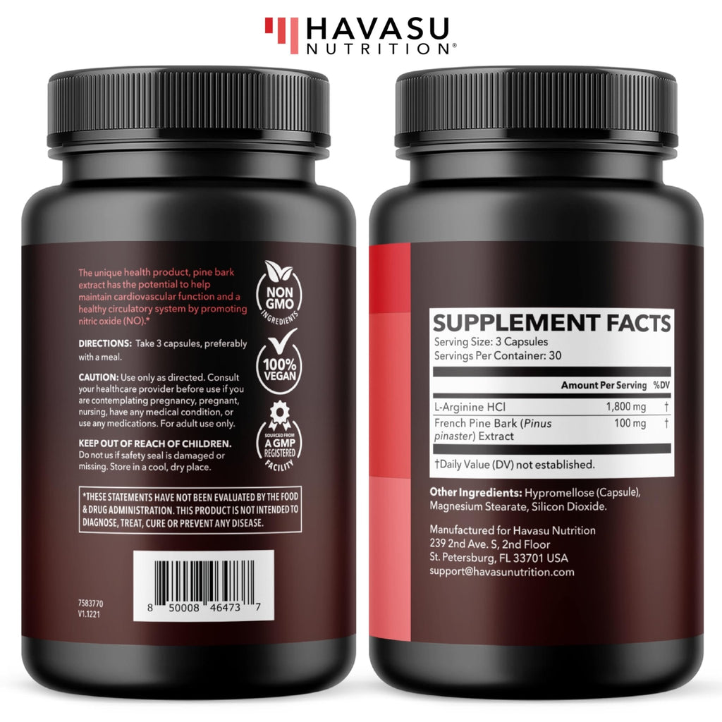 L-Arginine 1800mg and Pine Bark Extract 100mg - Nitric Oxide Supplement for Men - Performance Supplement for Men's Health - 90 Count - Endurance, Recovery Support - FENGGESTORE20