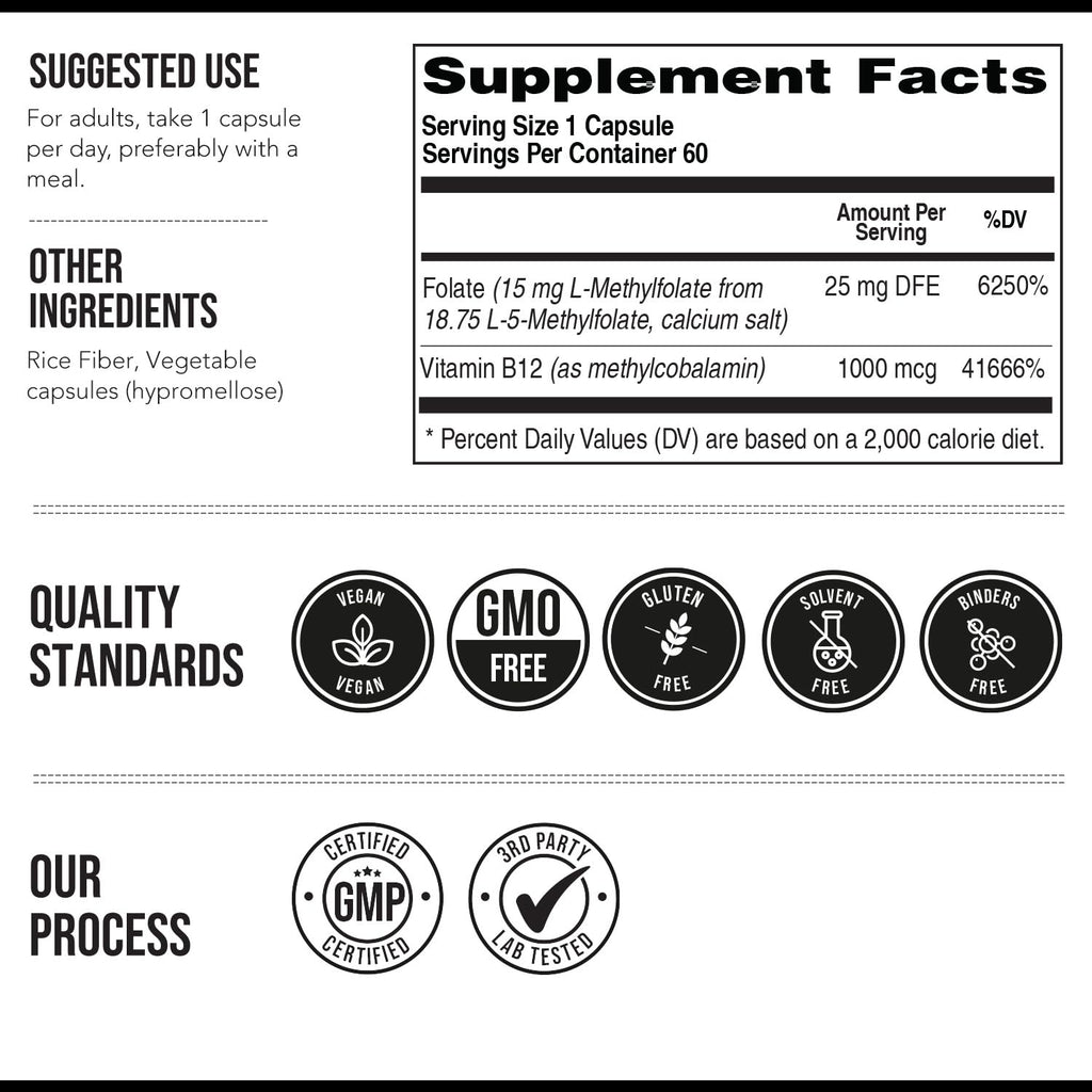 L Methyl Folate 15mg Plus Methyl B12 Cofactor – High Potency, Active 5-MTHF Form - Supports Mood, Methylation, Cognition - FENGGESTORE20