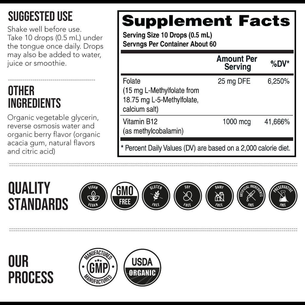 L Methyl Folate 15mg Plus Methyl B12 Cofactor – Organic Berry Flavor, High Potency Liquid Sublingual Active 5-MTHF Form - Supports Mood, Methylation - FENGGESTORE20