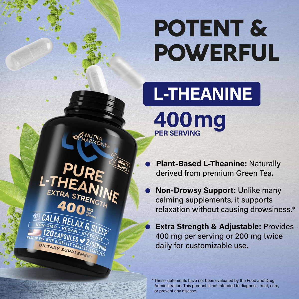 L Theanine 400 mg | L-Theanine Stress Relief | Extra Strength Supplement | Made in USA | Relaxation, Sleep & Calm Support | For Men & Women | Plant Based - FENGGESTORE20