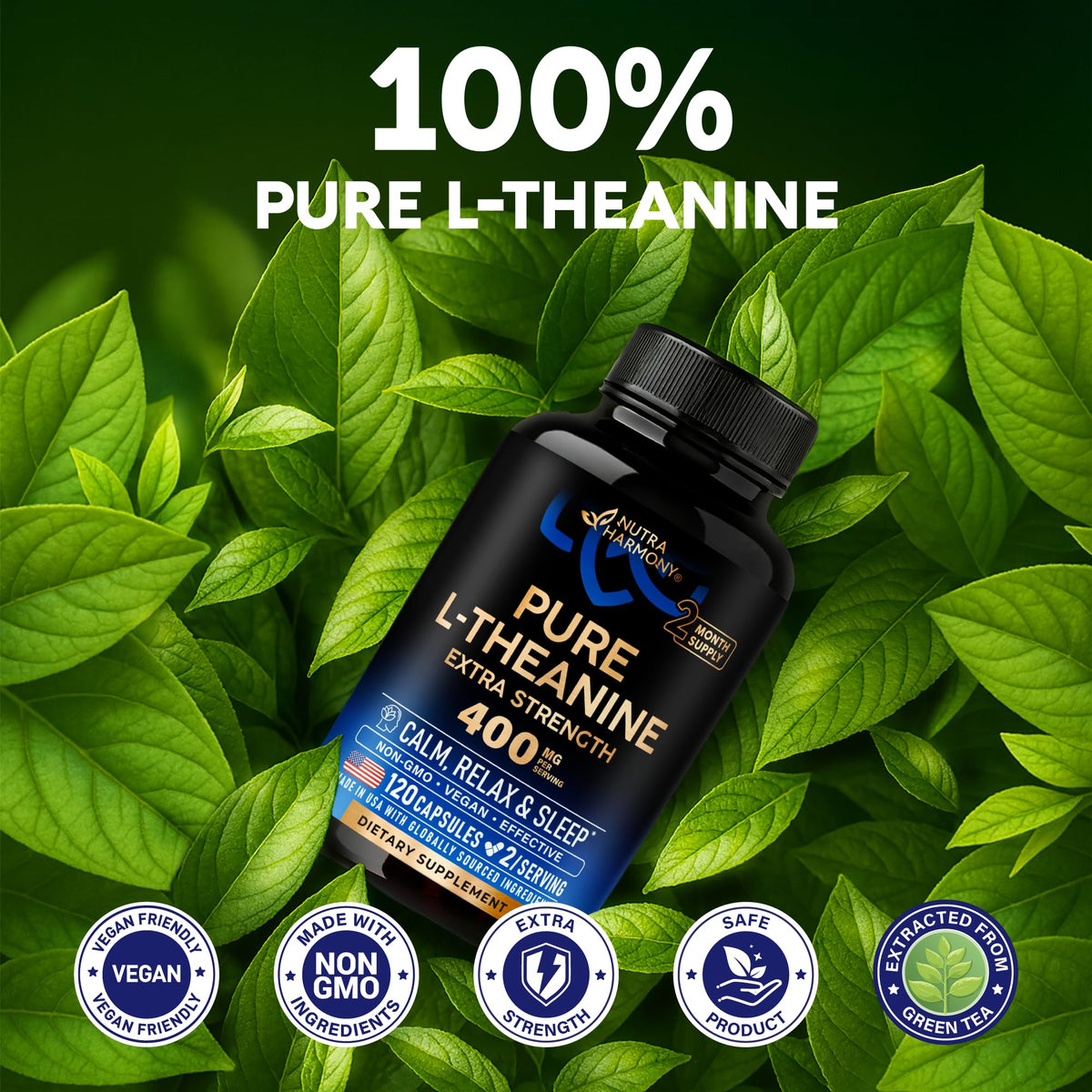 L Theanine 400 mg | L-Theanine Stress Relief | Extra Strength Supplement | Made in USA | Relaxation, Sleep & Calm Support | For Men & Women | Plant Based - FENGGESTORE20