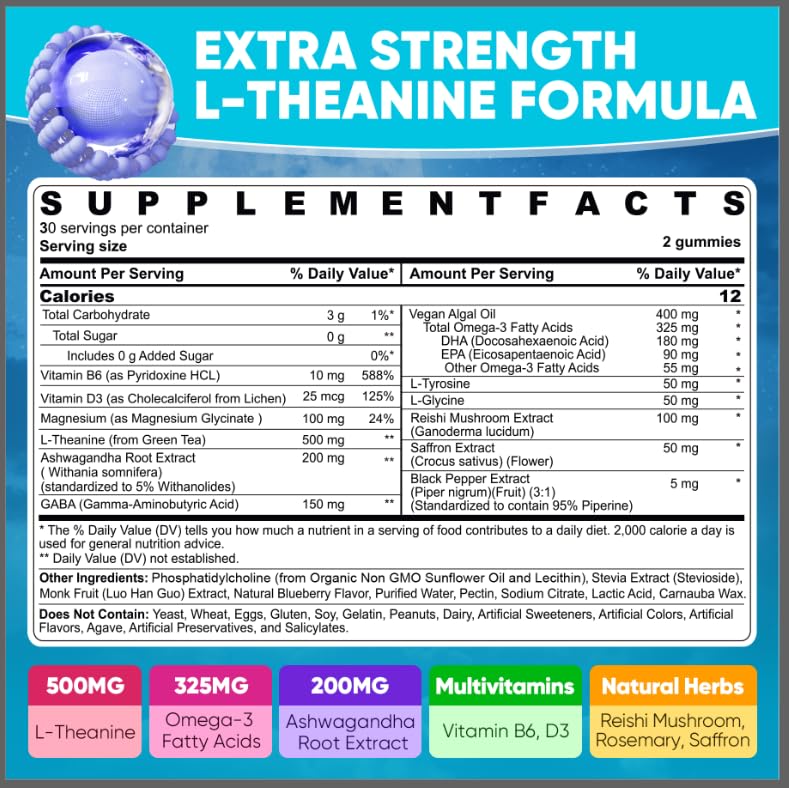 L Theanine Calm Gummies 500mg, Sugar-Free Liposomal L-Theanine Supplement, w/Safforn, Magnesium Glycinate, GABA, Ashwagandha, Algae Omega-3, Vitamin D3 B12 - FENGGESTORE20
