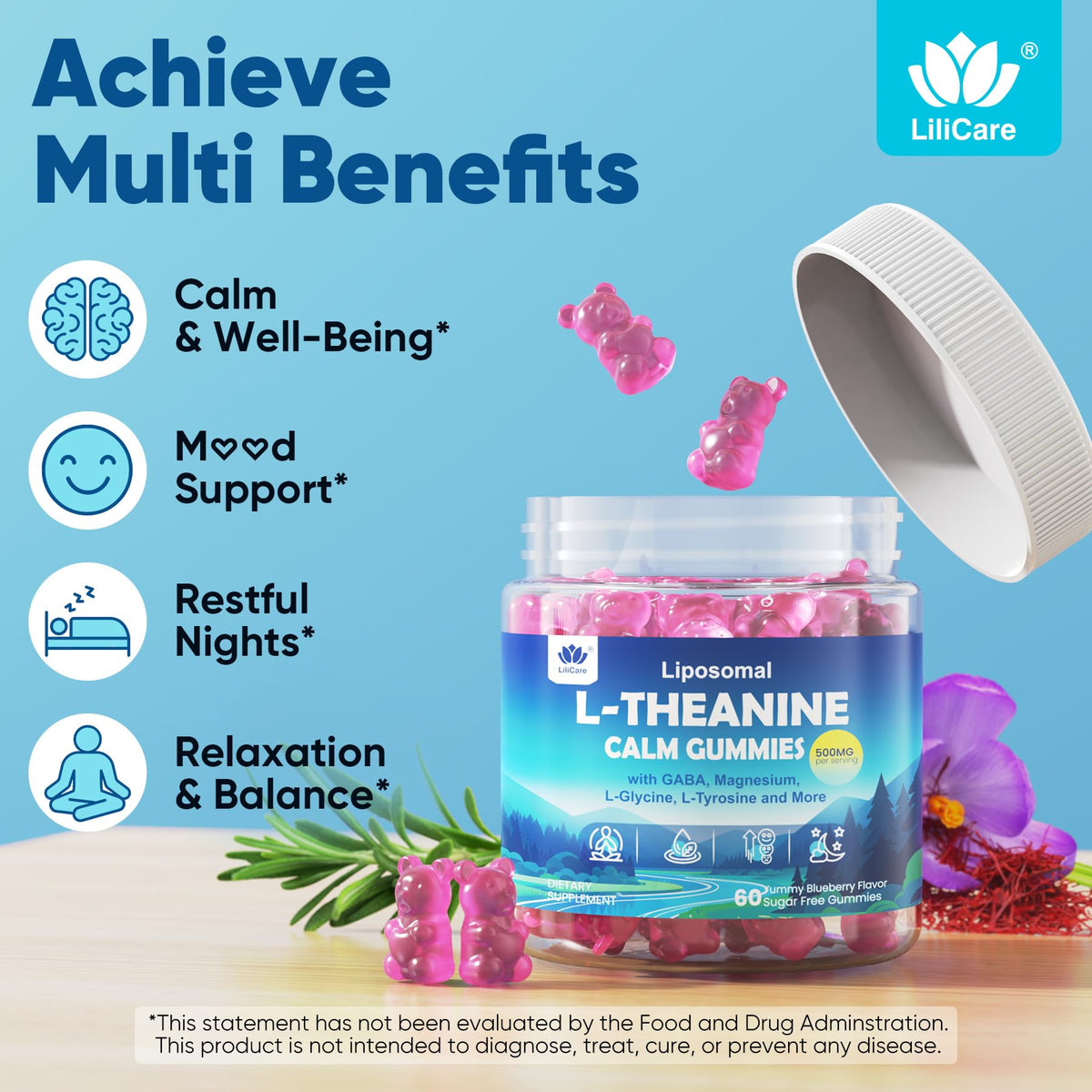 L Theanine Calm Gummies 500mg, Sugar-Free Liposomal L-Theanine Supplement, w/Safforn, Magnesium Glycinate, GABA, Ashwagandha, Algae Omega-3, Vitamin D3 B12 - FENGGESTORE20
