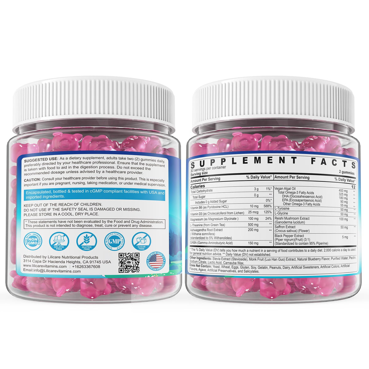 L Theanine Calm Gummies 500mg, Sugar-Free Liposomal L-Theanine Supplement, w/Safforn, Magnesium Glycinate, GABA, Ashwagandha, Algae Omega-3, Vitamin D3 B12 - FENGGESTORE20