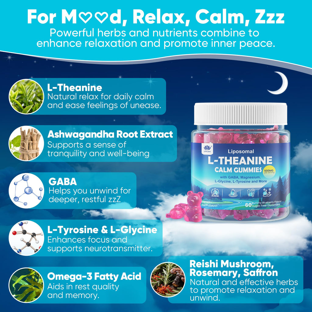 L Theanine Calm Gummies 500mg, Sugar-Free Liposomal L-Theanine Supplement, w/Safforn, Magnesium Glycinate, GABA, Ashwagandha, Algae Omega-3, Vitamin D3 B12 - FENGGESTORE20